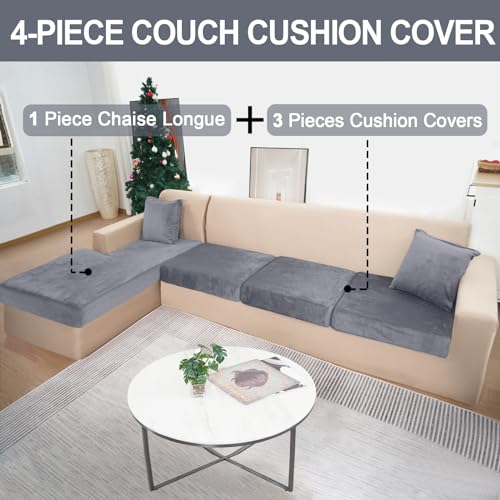 Dark Grey 4-Piece Velvet Sectional Couch Cover with Pillowcases (Sofa 3 Seater + 1 Chaise) Stretch Slipcover Furniture P