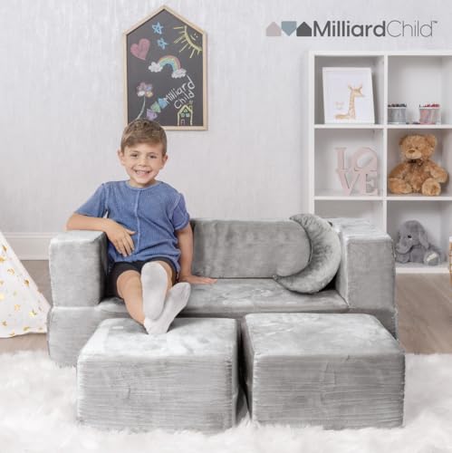 Milliard Kids Couch Grey Modular Kids Sofa for Toddler and Baby Playroom/Bedroom Furniture with Bonus Pillow