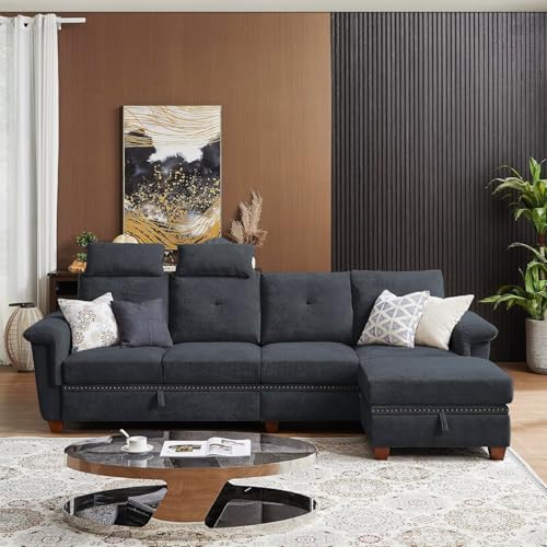 Dark Grey Convertible L Shaped Couches for Living Room Apartment Office Storage Chaise Cup Holders Microfiber Fabric 4