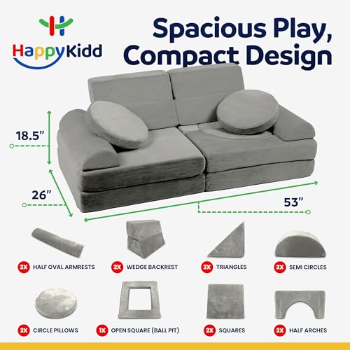 Modular Kids Play Couch - OEKO-TEX STANDARD 100 - Ages 5-12, for Playroom and Bedroom, 15 Pieces Buildable Plush Panels