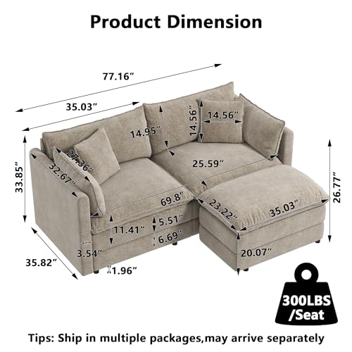 Aoowow Camel Modular Sectional Sofa 77.16 Inch Deep 2-Seater Comfy Chenille Cloud Couch with Movable Ottoman for Living