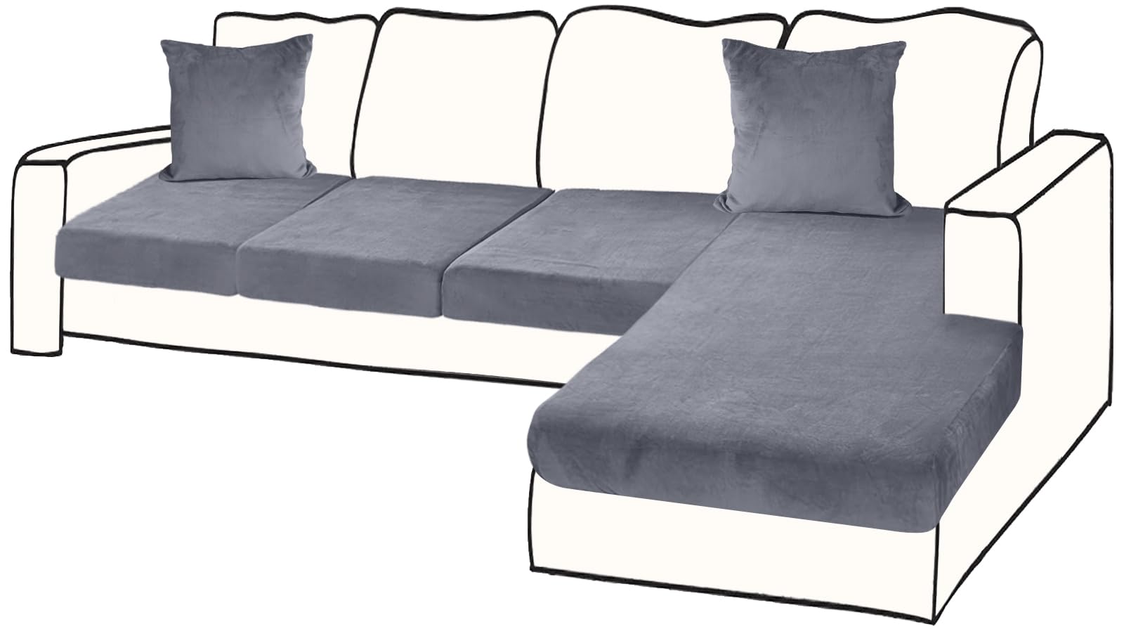 Dark Grey 4-Piece Velvet Sectional Couch Cover with Pillowcases (Sofa 3 Seater + 1 Chaise) Stretch Slipcover Furniture P