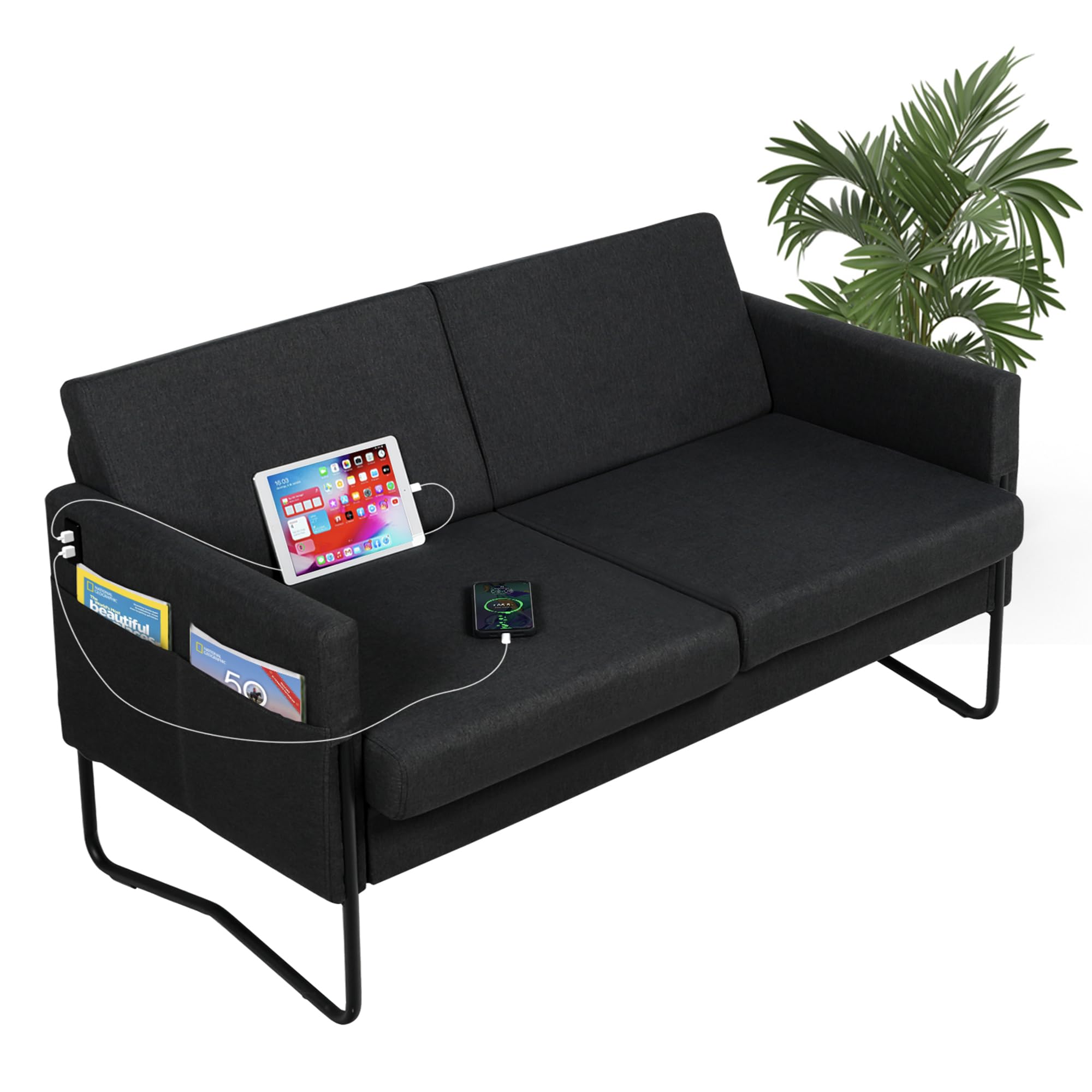 STHOUYN Comfy Black Small Loveseat Sofa for Small Spaces and Living Room, Modern 2 Person Couch with 2 USB Ports and Min
