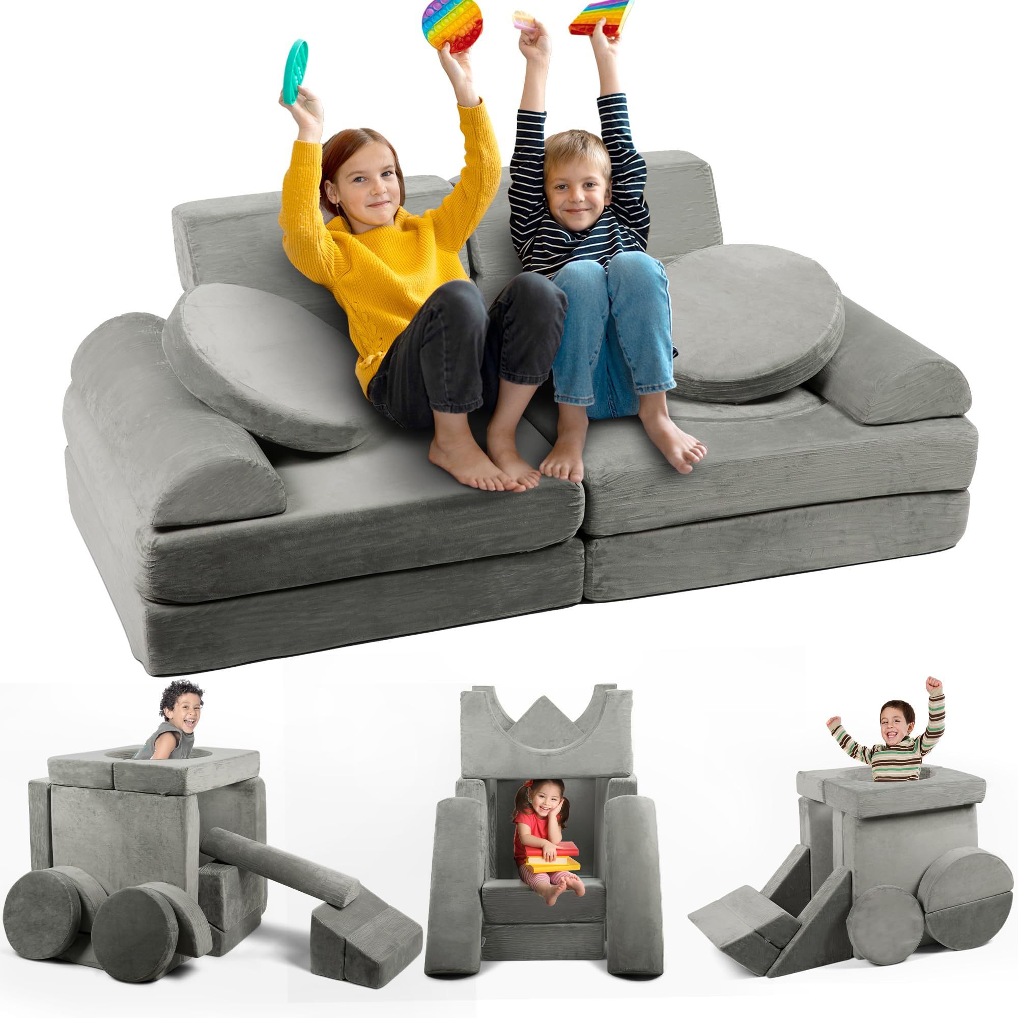 Modular Kids Play Couch - OEKO-TEX STANDARD 100 - Ages 5-12, for Playroom and Bedroom, 15 Pieces Buildable Plush Panels