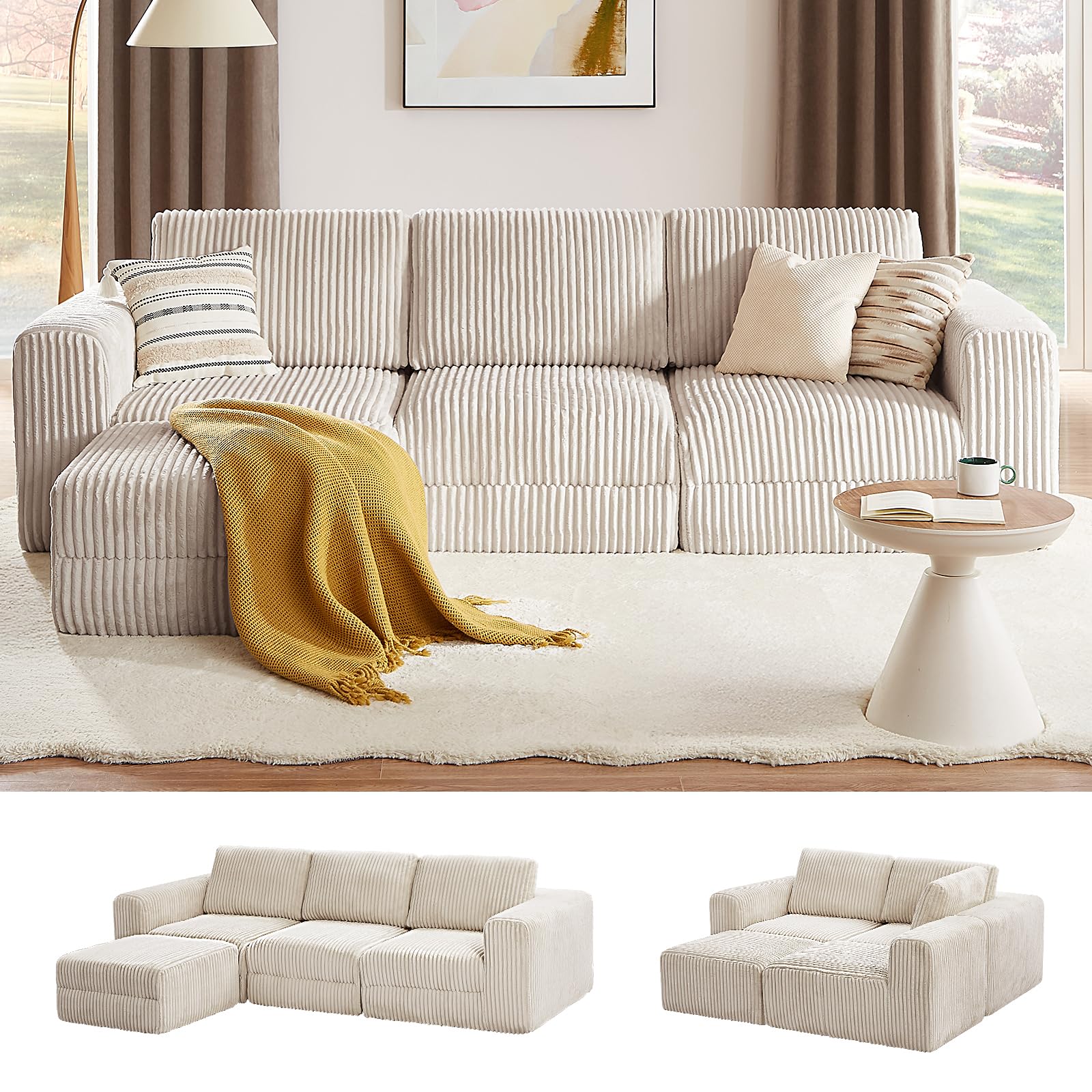  110" Beige Modular Sectional Sofa for Living Room with Deep Seat and Sleeper Chaise
| 4 Seater Beige L Shaped Couch wit