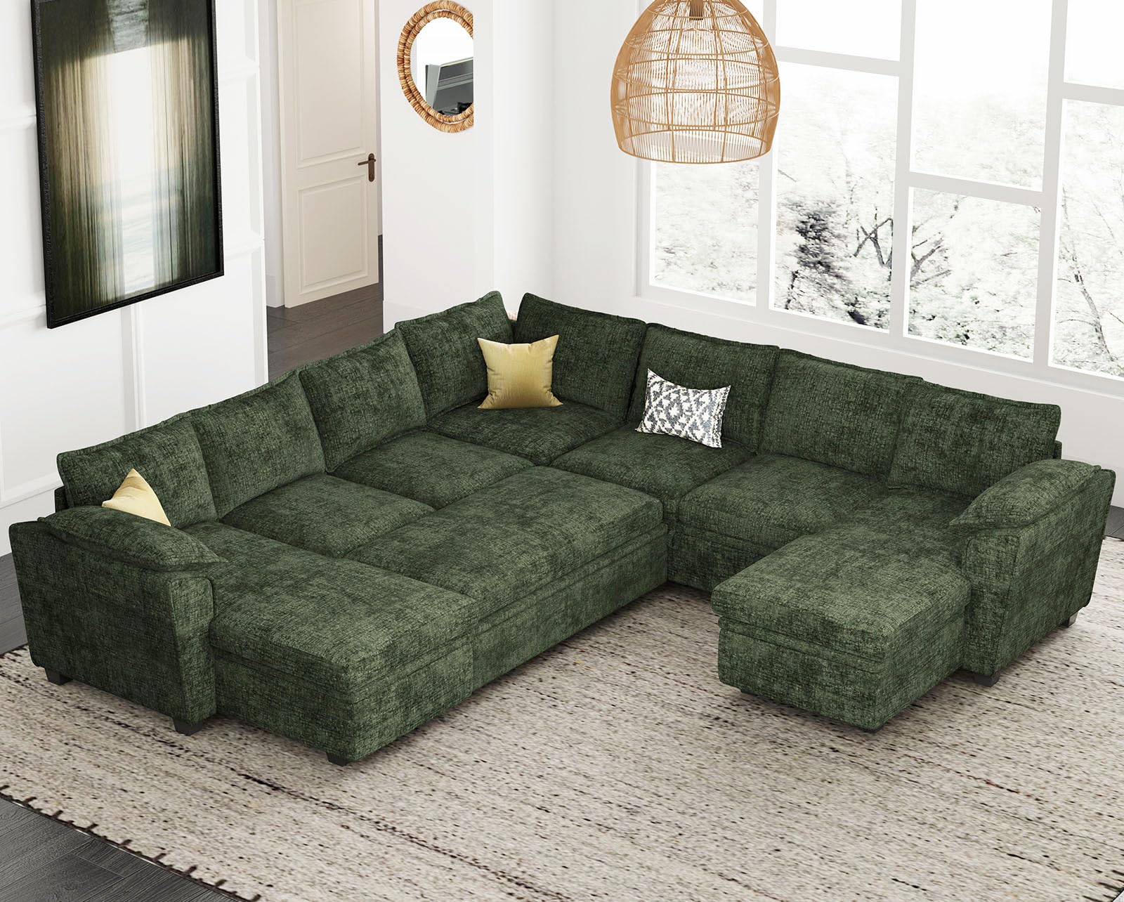 Belffin Oversized Modular Sectional Sofa with Pull Out Couch Bed for Family Living Room Storage Ottomans Chenille Green<