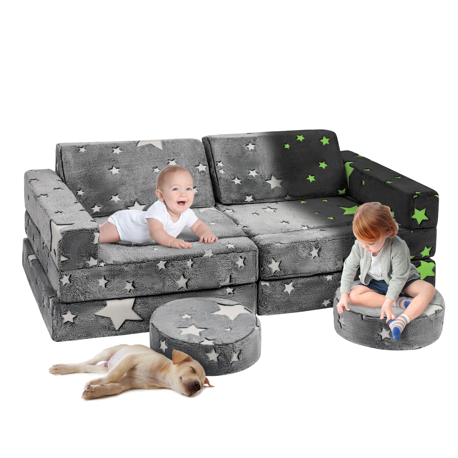 Large Kids Couch 12pcs for Playroom Bedroom | Modular 12 in 1 Glow Sofa for Toddlers | Indoor Play & Creativing