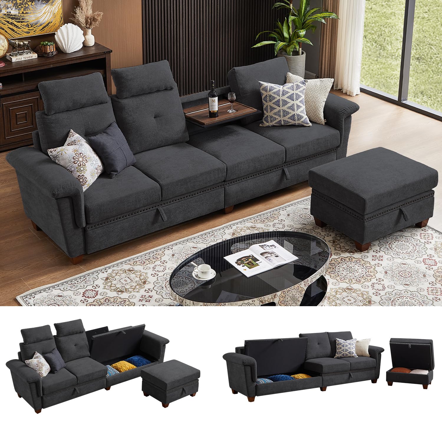 Dark Grey Convertible L Shaped Couches for Living Room Apartment Office Storage Chaise Cup Holders Microfiber Fabric 4