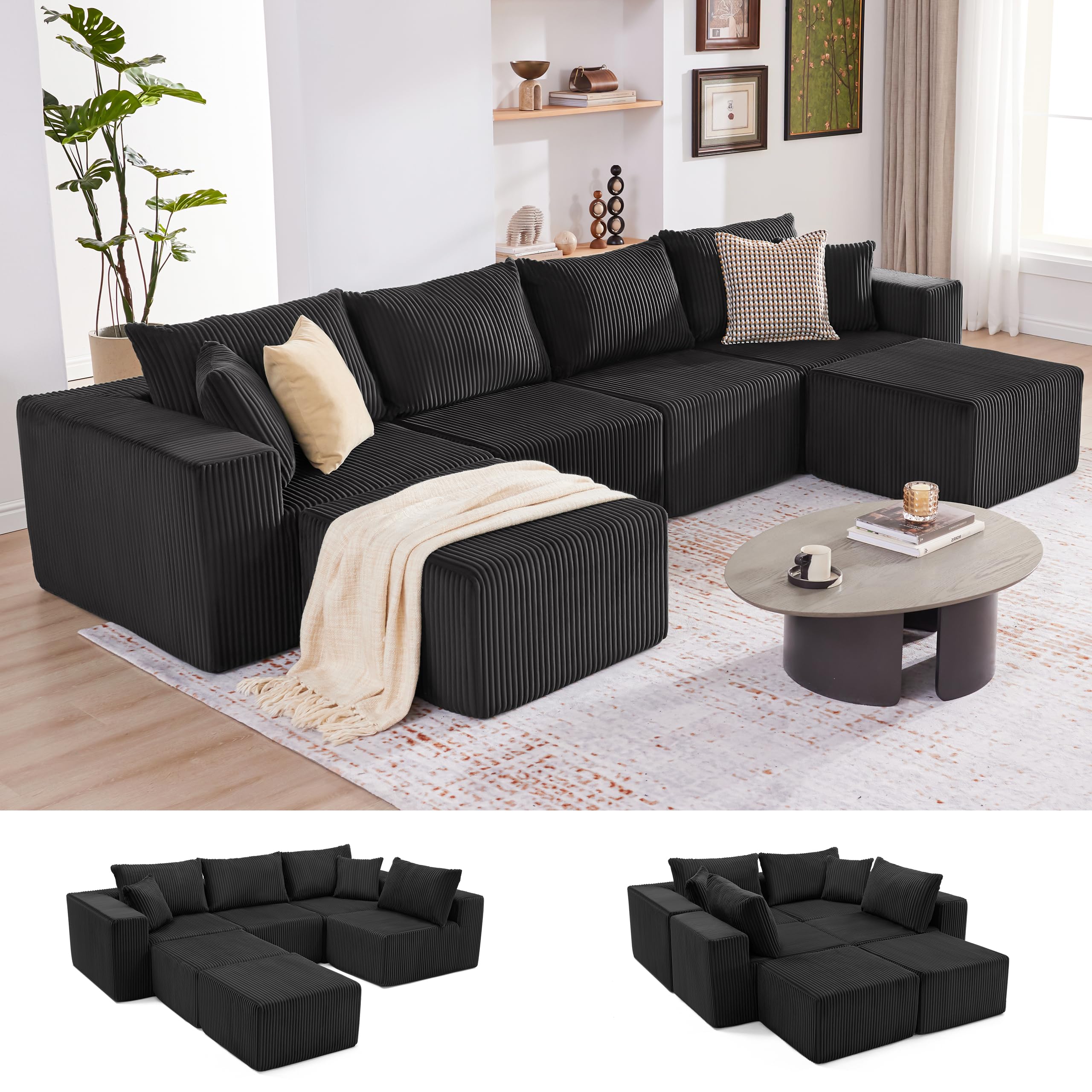 135.4" Cloud Couch Sectional, Deep Seat Plush Corduroy U Shaped Boneless Couch, 6 Seat Living Room Sectional Sofa, Conve