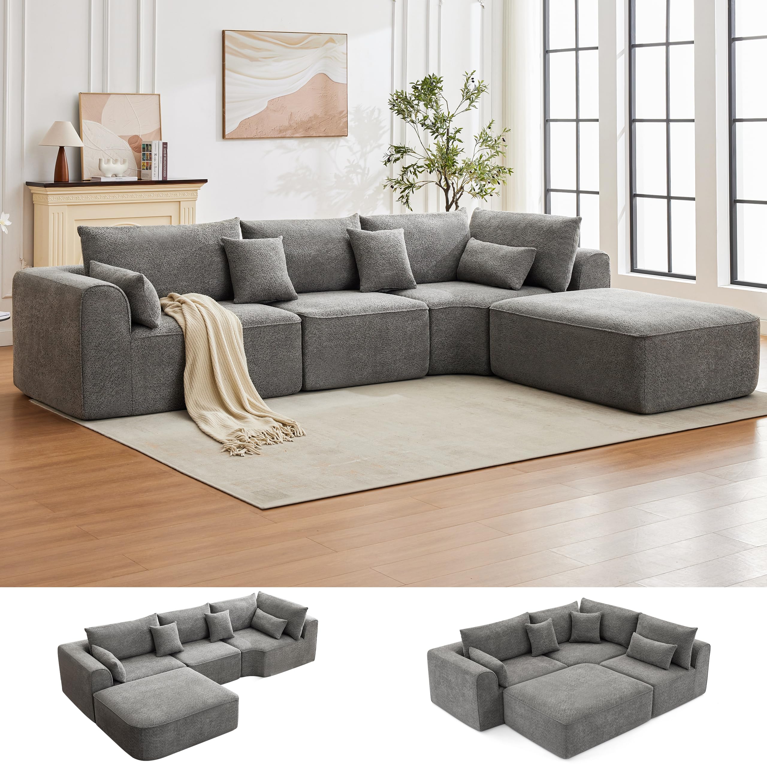  134" Oversized Modular Sectional Sofa for Living Room, Cloud Couch with Deep Seat, 4-Seater Memory Foam L Shaped Sectio